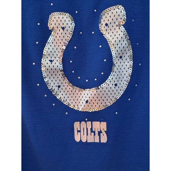 Majestic Womens Large Indianapolis Colts Sequin Logo Lace-Up T-Shirt Blue & Whit - Picture 2 of 6